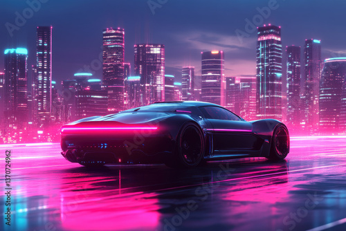 High-tech electric sports car with neon lights on wet road at night,futuristic city skyline in the background,symbolizing innovation,speed,the future of luxury automotive design in urban environments