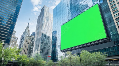 City Billboard Mockup with Green Screen among Skyscrapers and Trees