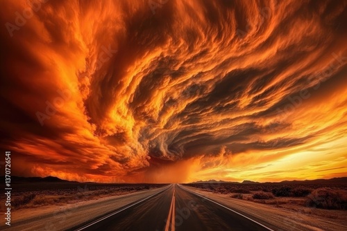 A dramatic photo of an epic supercell thunderstorm over the flat plains near Outback, Australia, with a large red and orange wall cloud over black, twisted storm clouds.