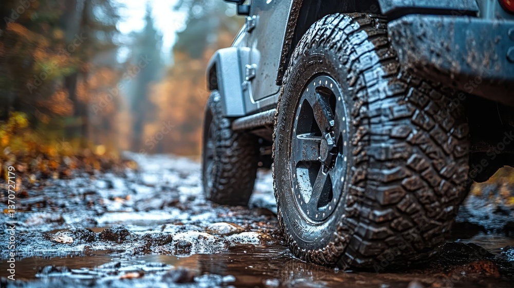 Fototapeta premium a compact electric vehicle being tested on a rugged outdoor trail selective focus, focus on adaptability realistic, composite in a mountainous region