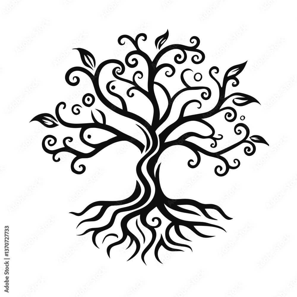 Obraz premium Stylized tree with swirling branches and leaves