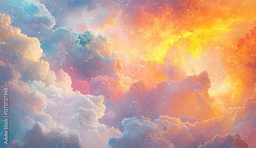 A dreamy sky filled with fluffy clouds, sparkling stars, and rainbow colors, creating an enchanting atmosphere.
