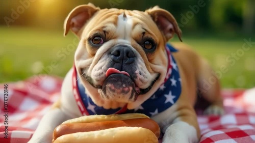 Happy bulldog dog with American flag bandana enjoying hot dogs on picnic blanket. 