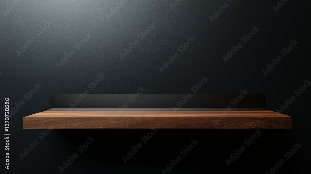 Obraz premium A sleek wooden shelf on a dark wall. Minimalist and contemporary design.