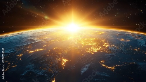 Earth from space, sunrise over the horizon, city lights visible at night