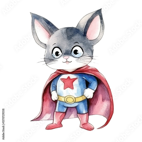 mouse super hero cute watercolors illustration on white background