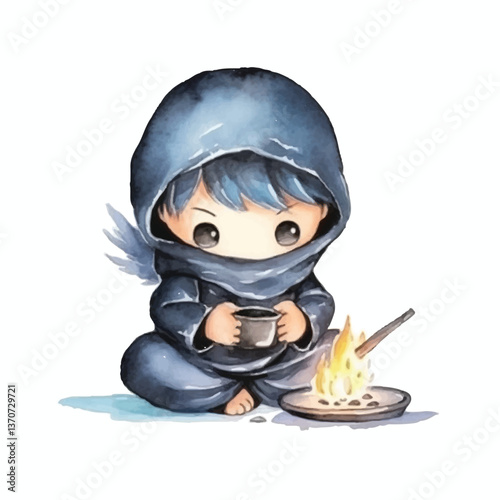 ninja blowing fire cute watercolors illustration on white background