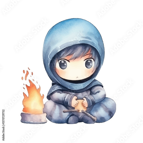 ninja blowing fire cute watercolors illustration on white background