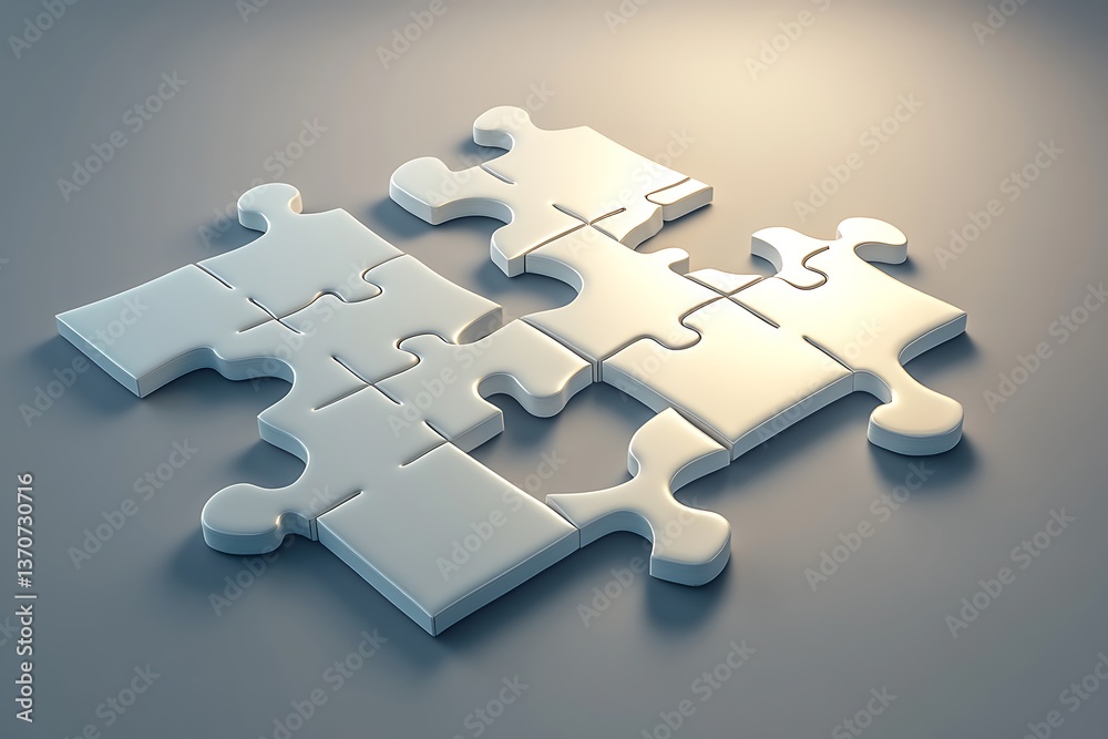 Obraz premium Interlocking White Puzzle Pieces on Gray Background, Top View, Strategic Solution