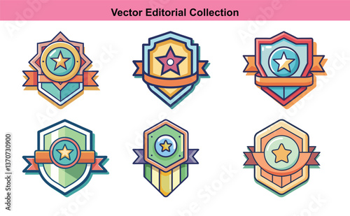 Vector Illustrations of Award Badges and Shields with Stars, A vector collection of colorful award badges and shields with stars, ribbons, and dynamic designs, ideal for achievement and recognition th