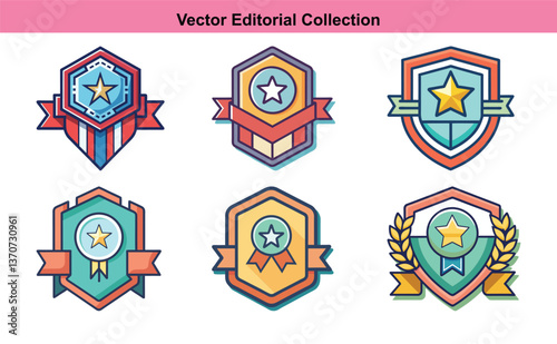 Vector Collection of Award Badges and Shields, A vector collection of award badges and shields featuring stars, ribbons, and various designs, perfect for achievement and recognition themes.
