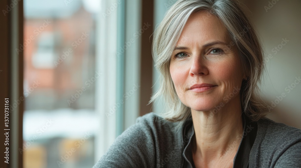 Fototapeta premium Woman reflecting on perimenopause in a cozy setting