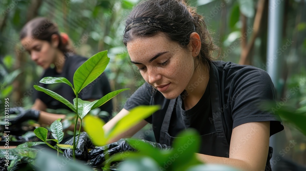 Obraz premium employees volunteering at a wildlife sanctuary for a corporate event close up, focus on giving back realistic, blend mode in a lush natural environment