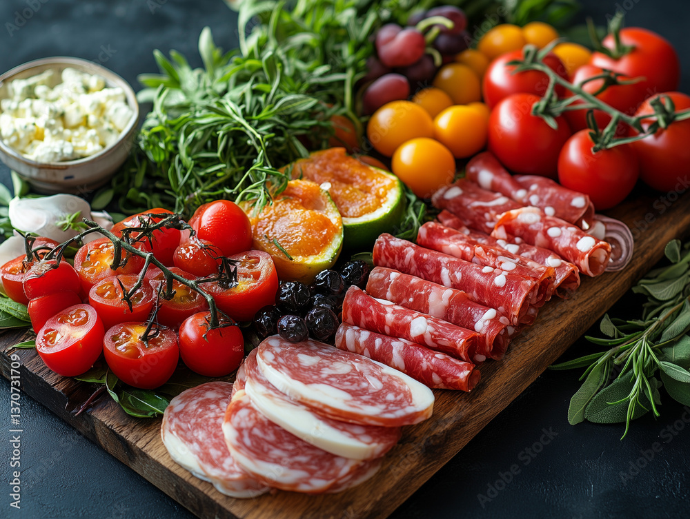 A top-down view of a beautifully arranged gourmet meal, fresh ingredients, vibrant colors, clean and polished, with soft natural light A top-down view of a beautifully arranged gourmet meal, fresh ingredients, vibrant colors, clean and polished, with soft natural light