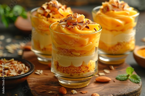 Mango Barfi Mousse fusion served in layered cup with saffron mousse