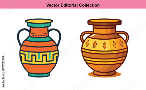 Vector Illustrations of Traditional Decorative Clay Vases, A collection of vector illustrations showcasing traditional decorative clay vases with unique geometric patterns and vibrant colors.
