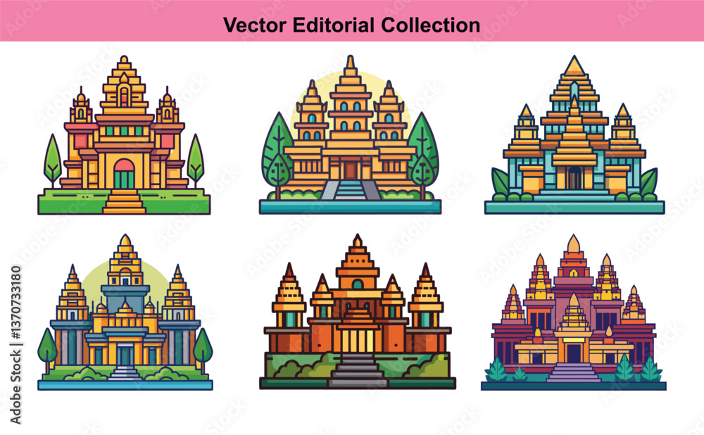 Naklejka premium Vector Illustrations of Colorful Traditional Temple Buildings, A vibrant collection of vector illustrations showcasing traditional temple buildings with intricate designs and multiple architectural st