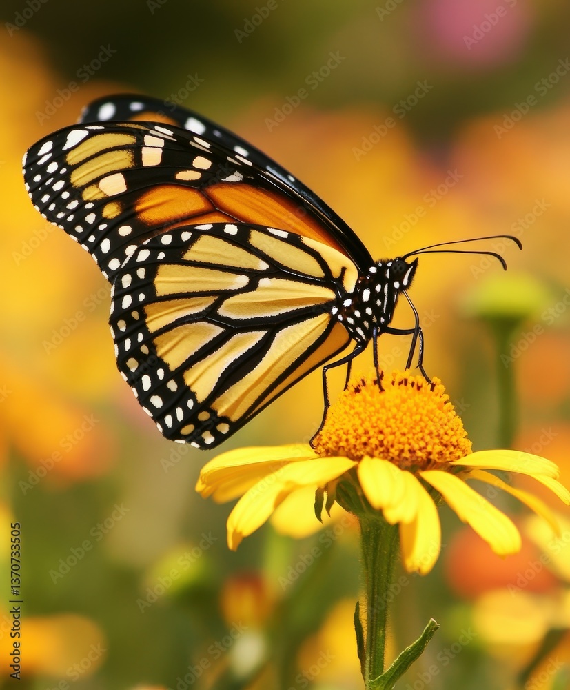 Butterfly perched on yellow flower in a vibrant garden