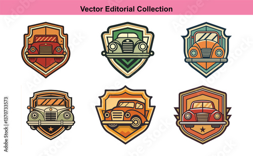 Vector Illustrations of Vintage Car Badges and Emblems, A collection of vector illustrations featuring vintage car badges and emblems with different classic car designs and colors.
