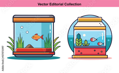 Vector Illustrations of Fish Tanks and Aquariums, A collection of vector illustrations featuring different styles of fish tanks and aquariums with colorful fish and aquatic plants.
