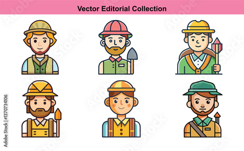 Vector Illustrations of Various Workers with Tools, A set of vector illustrations featuring different workers in hats and with various tools, suitable for job or labor-related themes.

