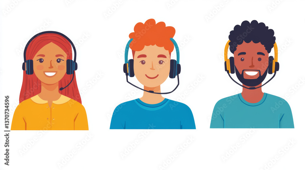 Call center operator isolated avatars, round icons set. Customer support service, online help agents wear headset. Telemarketing, internet technical helpdesk, Cartoon linear flat vector illustration Call center operator isolated avatars, round icons set. Customer support service, online help agents wear headset. Telemarketing, internet technical helpdesk, Cartoon linear flat vector illustration