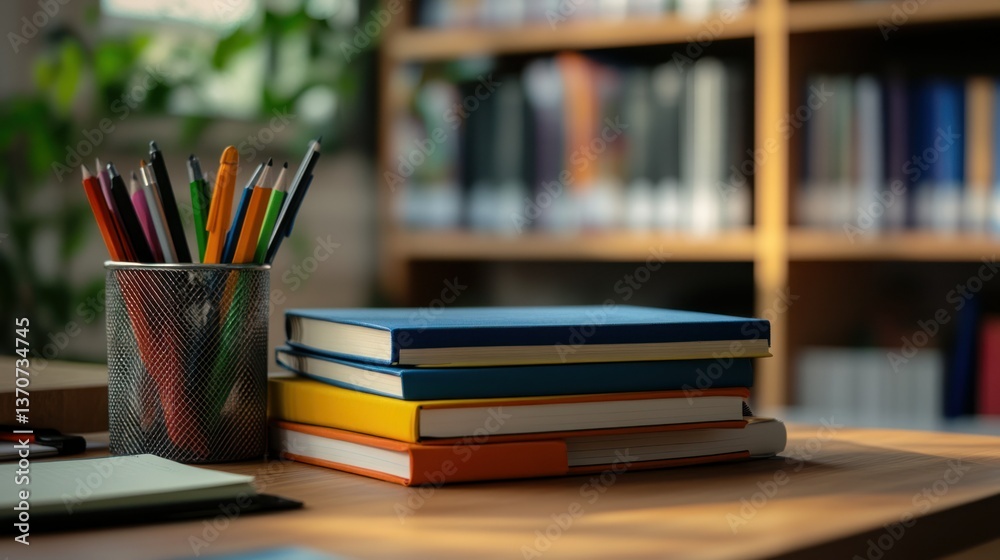 Books, pens and a notebook on a desk in a library setting. Books, pens and a notebook on a desk in a library setting.