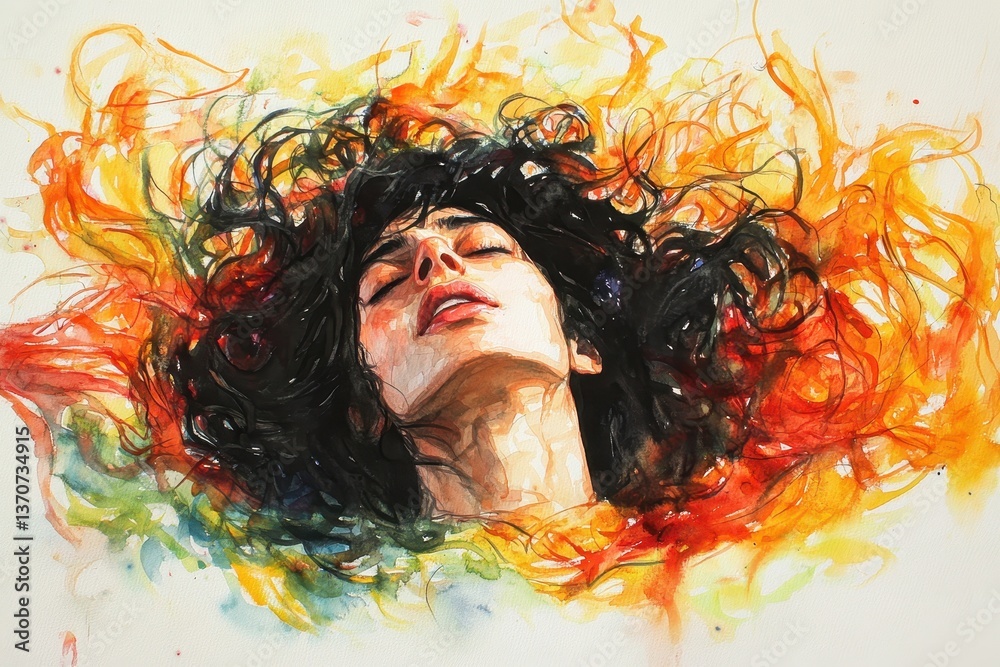 Fototapeta premium Fiery Hair Woman Watercolor Portrait with Abstract Art. (1)
