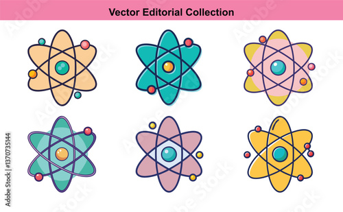 Vector illustration collection of colorful atomic models, A set of six colorful vector illustrations of atomic models, perfect for science, education, and chemistry-related designs.
