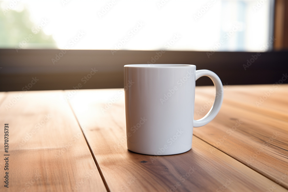 White ceramic mug on a wooden table with natural light White ceramic mug on a wooden table with natural light