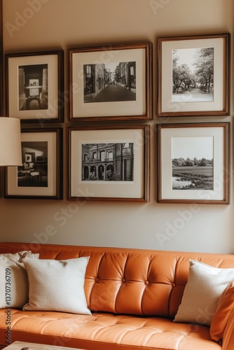 Elegant living room design with framed black and white artwork and a cozy leather couch in a contemporary interior setting