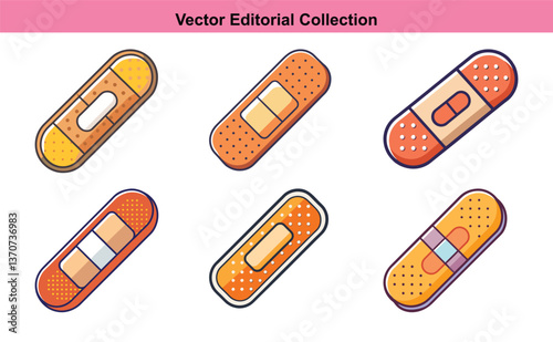 Vector illustration collection of bandages, A set of six colorful vector illustrations of bandages in various designs, ideal for healthcare, first aid, and medical-themed projects.
 photo