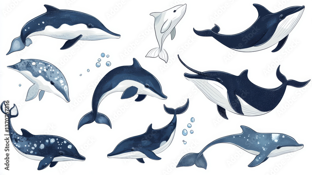 Obraz premium Polar water animals set isolated on white background. Vector cartoon illustration of whale, narwhal, orca, beluga, dolphin characters swimming in sea or ocean, underwater wildlife design elements