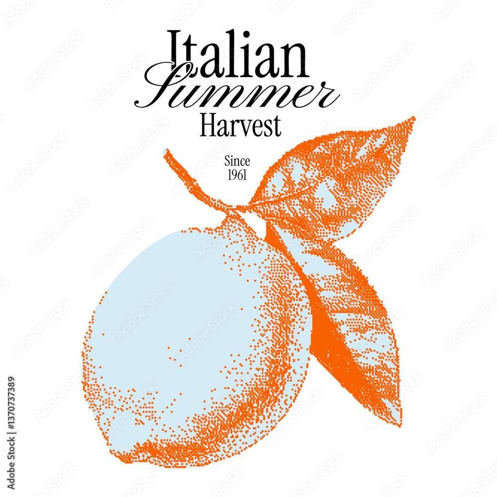 Italian summer illustration of lemon for t-shirt print with text slogan. Halftone Mediterranean Drawing with dotted texture. Dolce vita Amalfi coast. 