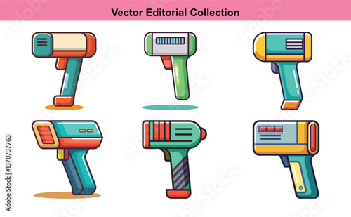 Vector illustration collection of futuristic guns, A set of six colorful vector illustrations of futuristic guns, ideal for sci-fi, technology, and gaming-themed designs.
