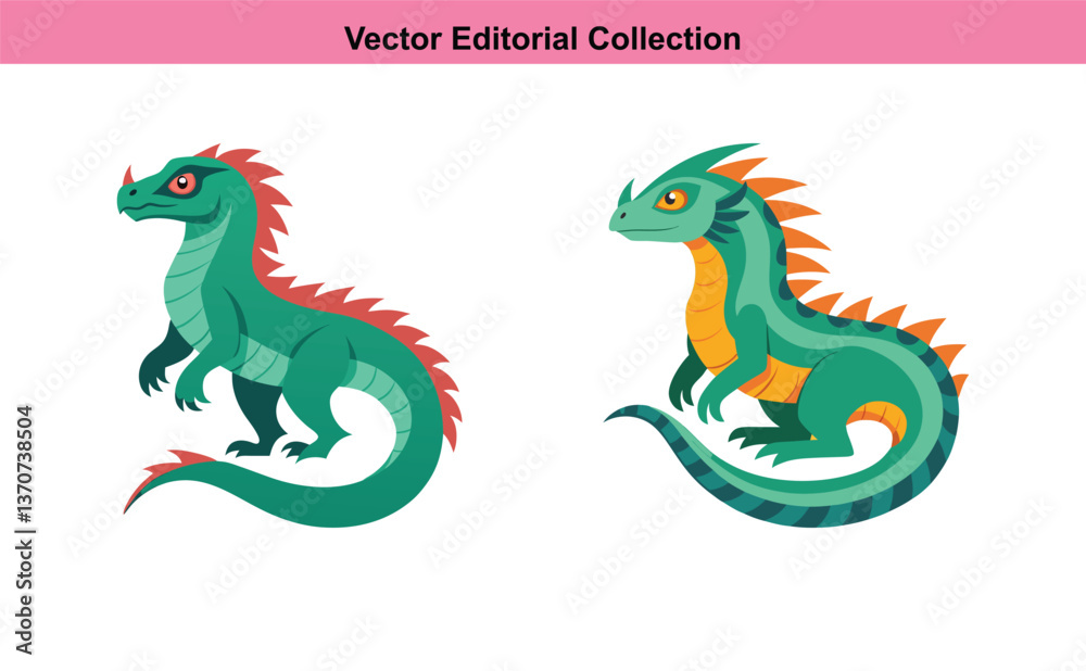 Obraz premium Vector illustration collection of lizards, A collection of two colorful vector illustrations featuring lizards with vibrant designs, perfect for nature, wildlife, and fantasy themes.