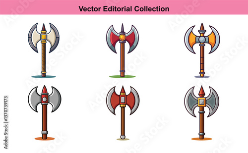 Vector illustration collection of battle axes, A set of six colorful vector illustrations of battle axes, perfect for medieval, fantasy, and weapon-themed designs.
