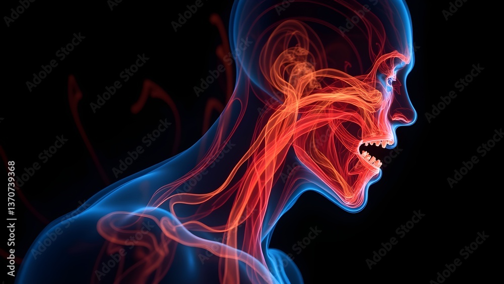 Detailed 3D rendering of a human head showing throat and esophagus anatomy on a black backdrop. Detailed 3D rendering of a human head showing throat and esophagus anatomy on a black backdrop.