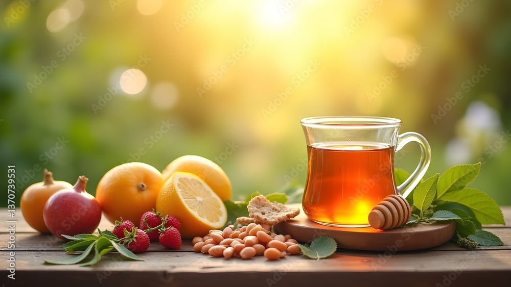 Refreshing Cup of Tea with Fruits, Honey, and Crackers on a Sunny Day Refreshing Cup of Tea with Fruits, Honey, and Crackers on a Sunny Day