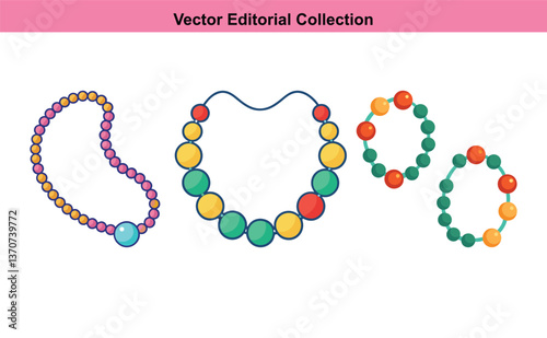 Colorful Beaded Necklaces and Bracelets Illustration, A vector illustration of colorful beaded necklaces and bracelets with various designs and vibrant hues.
