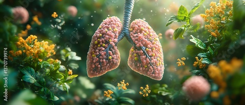 Anatomical representation of human lungs surrounded by vibrant flora in a garden