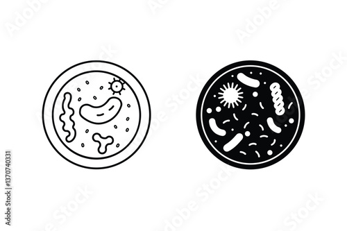 Microbial Cultures Line Art and Filled Petri Dish Illustrations