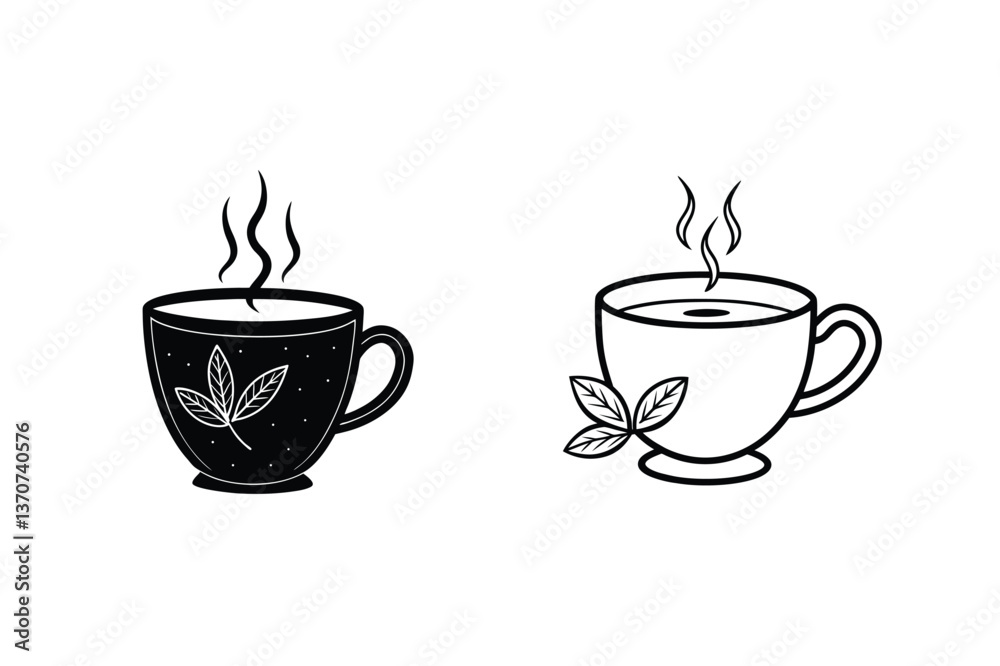 Obraz premium Hot Tea Cup Icons Black, White, Beverage, Leaves, Steam