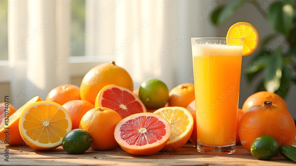 Fresh-Squeezed Citrus Juice with a Variety of Colorful Citrus Fruits Displayed on a Wooden Tabletop