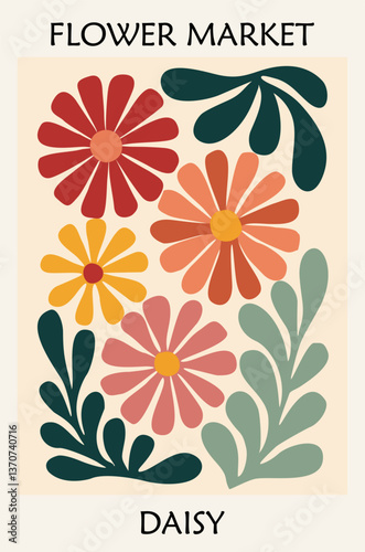 Retro mid century modern flower market poster featuring abstract Daisy, the April birth month flower. Elegant botanical vector illustration with a vintage aesthetic for decor and prints.