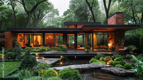 Modern home with Japanese garden, evening view