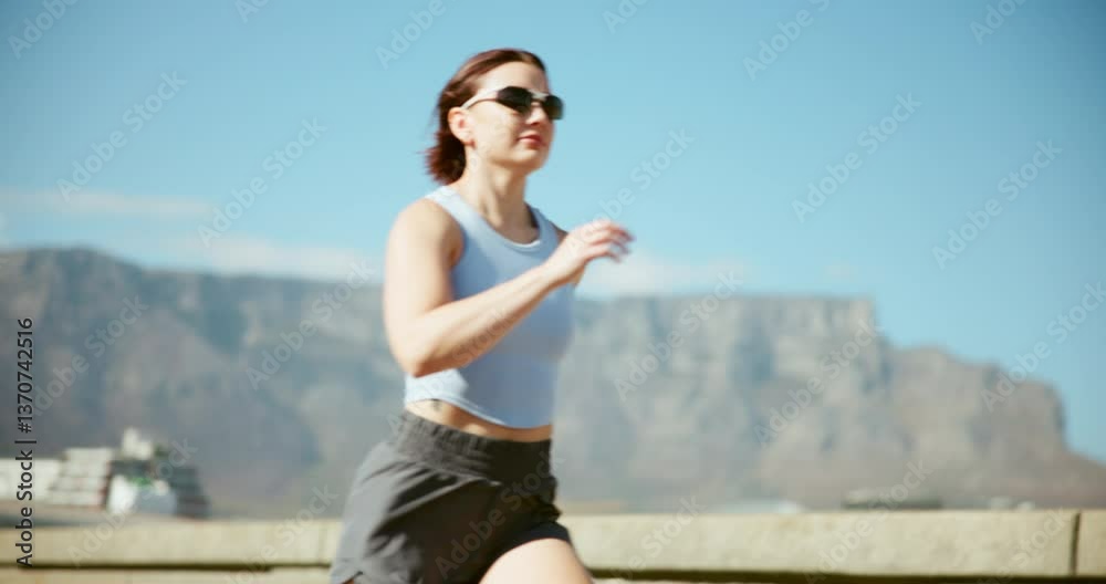 Runner, fitness and woman with running in road for marathon training, cardio exercise and performance pace. Energy, athlete and sunglasses on bridge for wellness competition, healthy body and workout Runner, fitness and woman with running in road for marathon training, cardio exercise and performance pace. Energy, athlete and sunglasses on bridge for wellness competition, healthy body and workout