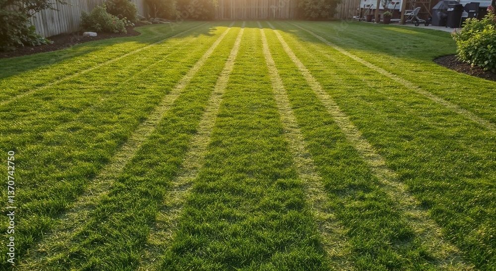 Lush Green Lawn with Sunlight Rays and Mowing Lines Lush Green Lawn with Sunlight Rays and Mowing Lines