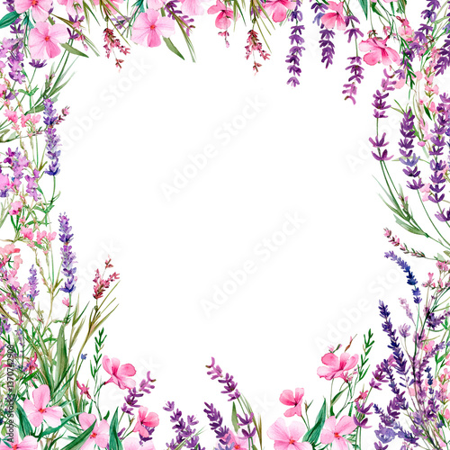 Elegant watercolor frame with delicate wildflowers on a white background. Perfect for greeting cards, invitations, wedding designs, stationery, posters, prints, and creative projects.
