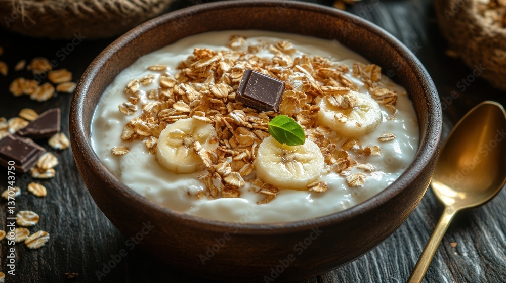 Yogurt with granola, banana, and chocolate Yogurt with granola, banana, and chocolate